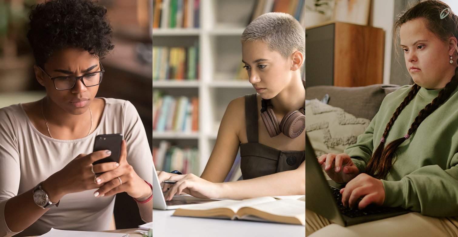 Eine Collage mit drei Frauen, die erste hat ihr Handy in der Hand, die anderen sitzen vor einem Laptop.