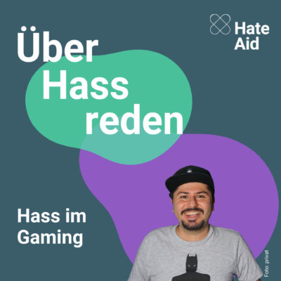 Podcast_Albencover_7_Gaming Podcast-Cover mit Porträt von Streamer REZATA und Überschrift Hass im Gaming