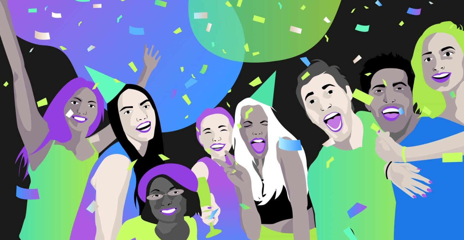 hateaid-anlass-spenden-feier-geburtstag Eine Illustration mit feiernden Menschen, Konfetti und lilafarbenen sowie grünen Bubbles auf schwarzem Hintergrund.