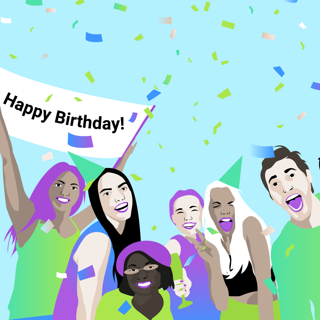 hateaid-anlass-spenden-feier-geburtstag-quadratisch Eine Illustration mit feiernden Menschen, Konfetti und lilafarbenen sowie grünen Bubbles auf schwarzem Hintergrund.