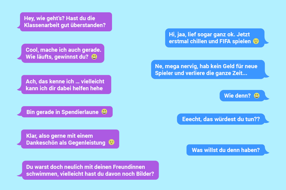 230202_Cybergrooming-Chatverlauf Beispiel-Chat-Verlauf, welcher eine sexuelle Anbahnung in einem Chat zeigt.