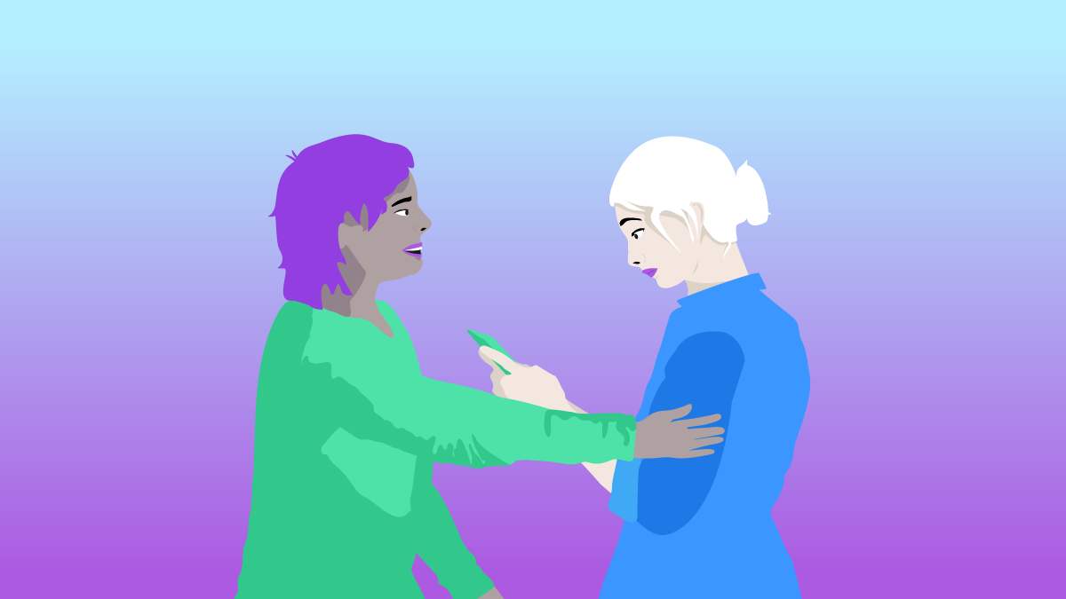 hateaid-digitale-zivilcourage-illustration-artikelbild-c-hateaid Zwei Personen stehen voreinander, eine hält ein Handy in der Hand, die andere leistet Beistand und