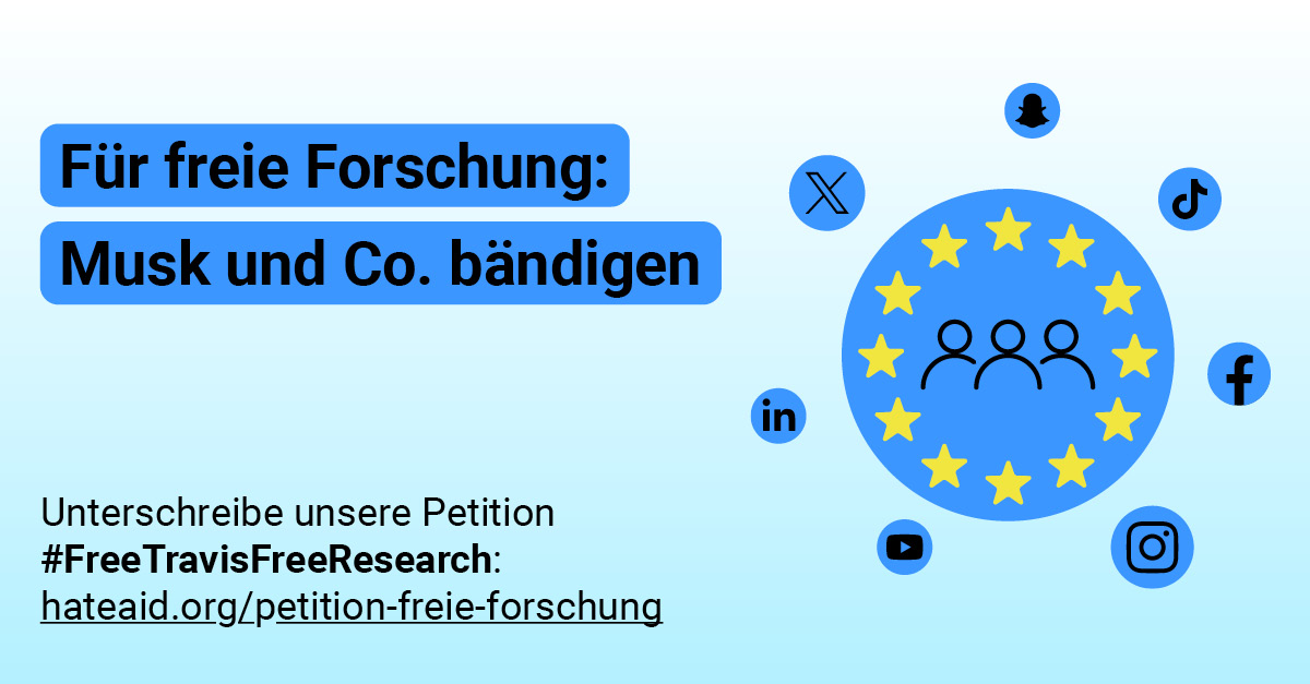 HateAid Travis Brown Petition: Für freie Forschung - Musk und Co. bändigen - Social Media Sharing Bild. #FreeTravisFreeResearch