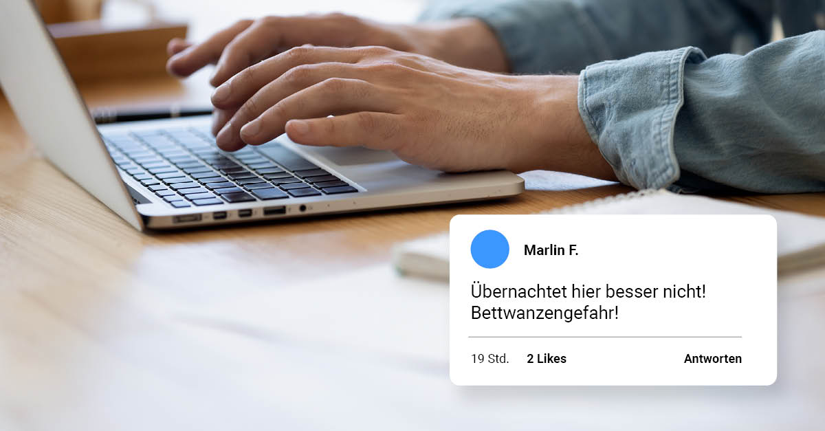 Person tippt an einem Laptop. Grafik einer Bewertung wird angezeigt mit Text: "Übernachtet hier nicht. Bettwanzen!!"