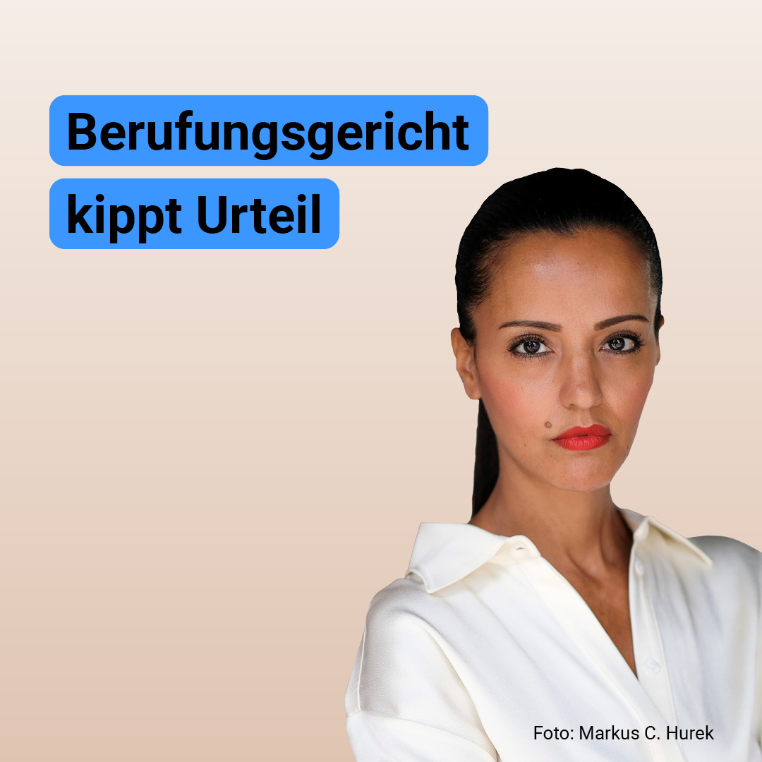 Bild mit hell-sandiger Hintergrundfarbe und der Aufschrift "Berufungsgericht kippt Urteil" und einem Foto von Sawsan Chebli