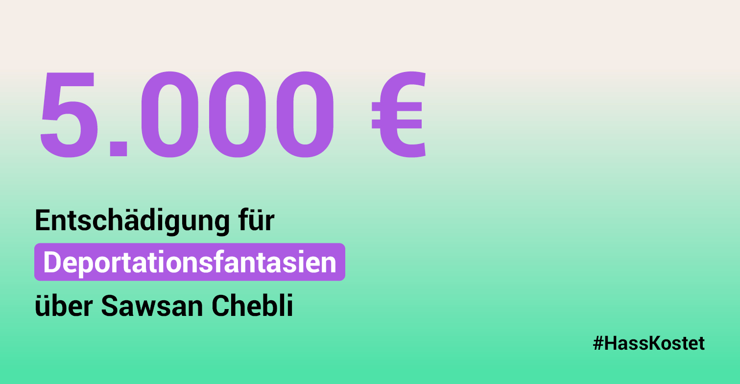 Bild mit grünem Hintergrund und folgendem Text: 5.000 € Entschädigung für Deportationsfantasien über Sawsan Chebli. #HassKostet