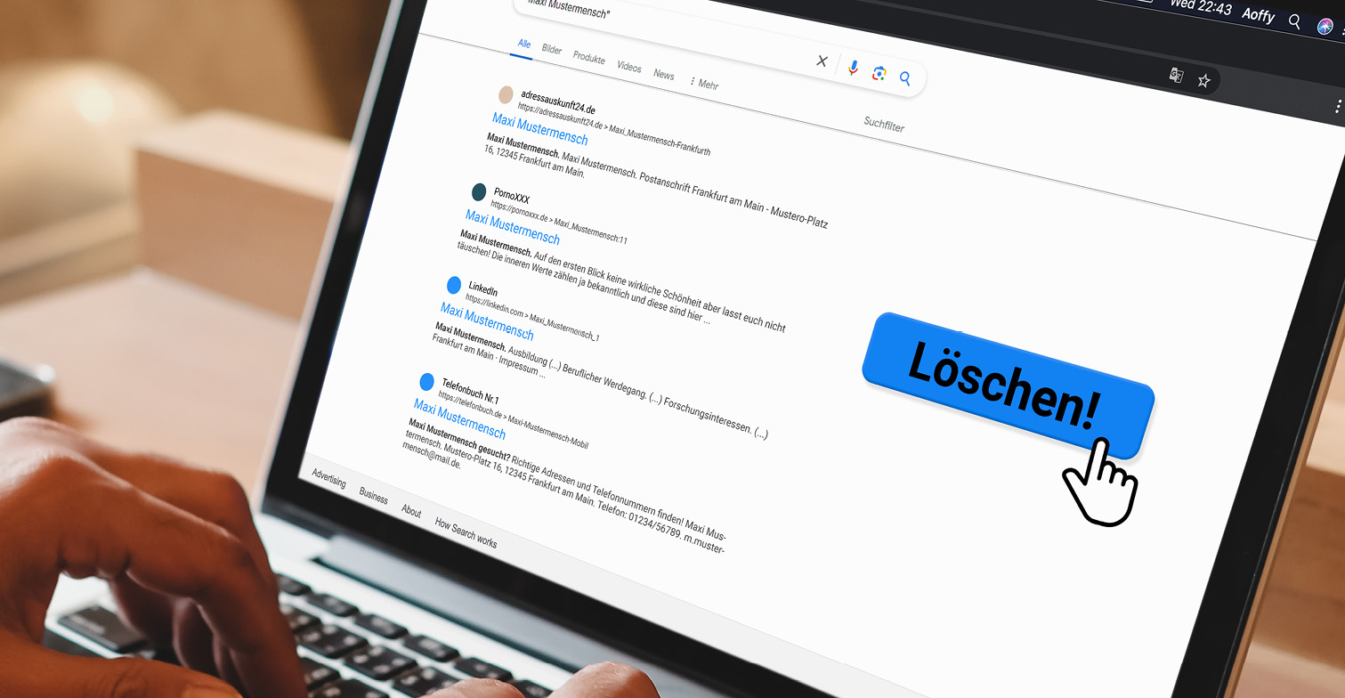 Google Bing Suchmaschine Suchergebnisse löschen lassen: Zu sehen sind fiktive Google Ergebnisse mit einem Mauszeiger, auf auf einen fiktiven "Löschen" Button drückt. Copyright: Shutterstock / Thaspol Sangsee