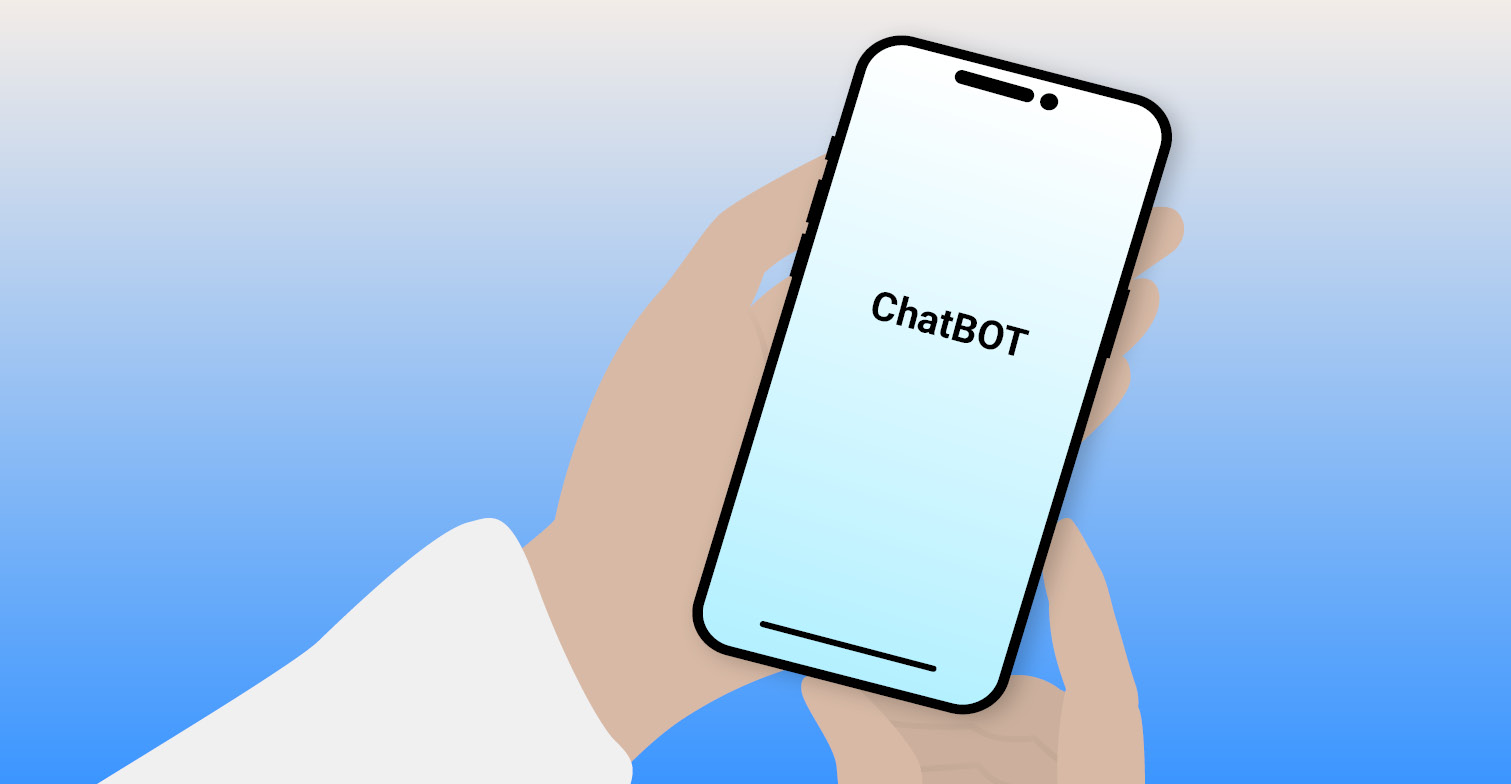 Datenkrake ChatGPT: Zu sehen ist eine Illustration von zwei Händen, die ein Smartphone halten. Im Smartphone ist die Überschrift "ChatBOT" zu lesen.