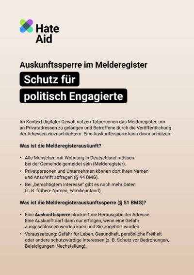 hateaid-flyer-auskunftssperre-melderegister-cover PDF Cover vom HateAid Flyer "Auskunftssperre im Melderegister - Schutz für politisch Engagierte"
