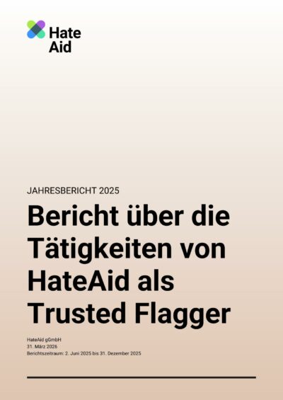 trusted-flagger-jahresbericht-2025-cover Trusted Flagger Jahresbericht 2025 von HateAid - Cover vom Jahresbericht mit Headline "Bericht über die Tätigkeiten von HateAid als Trusted Flagger"